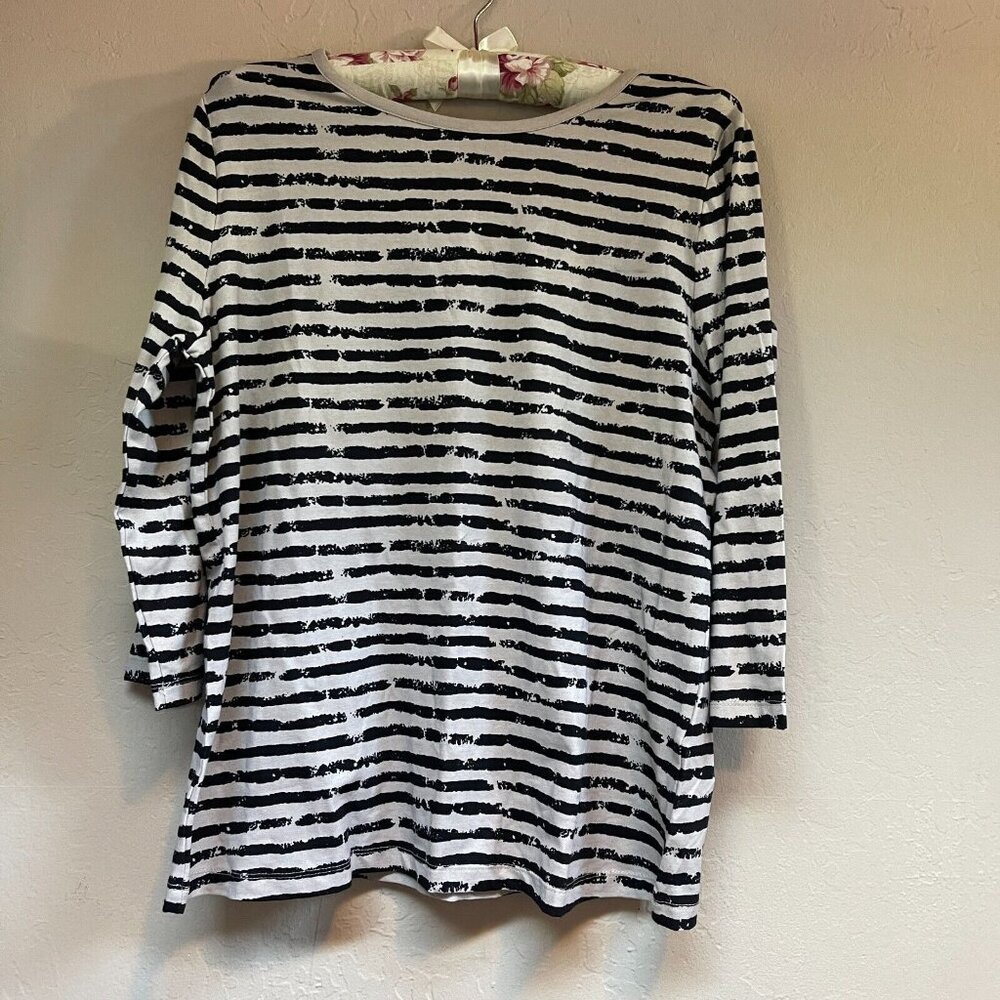 Norm Thompson Prima Womens 3/4 Sleeve Tee Shirt Large Black Painted Striped New